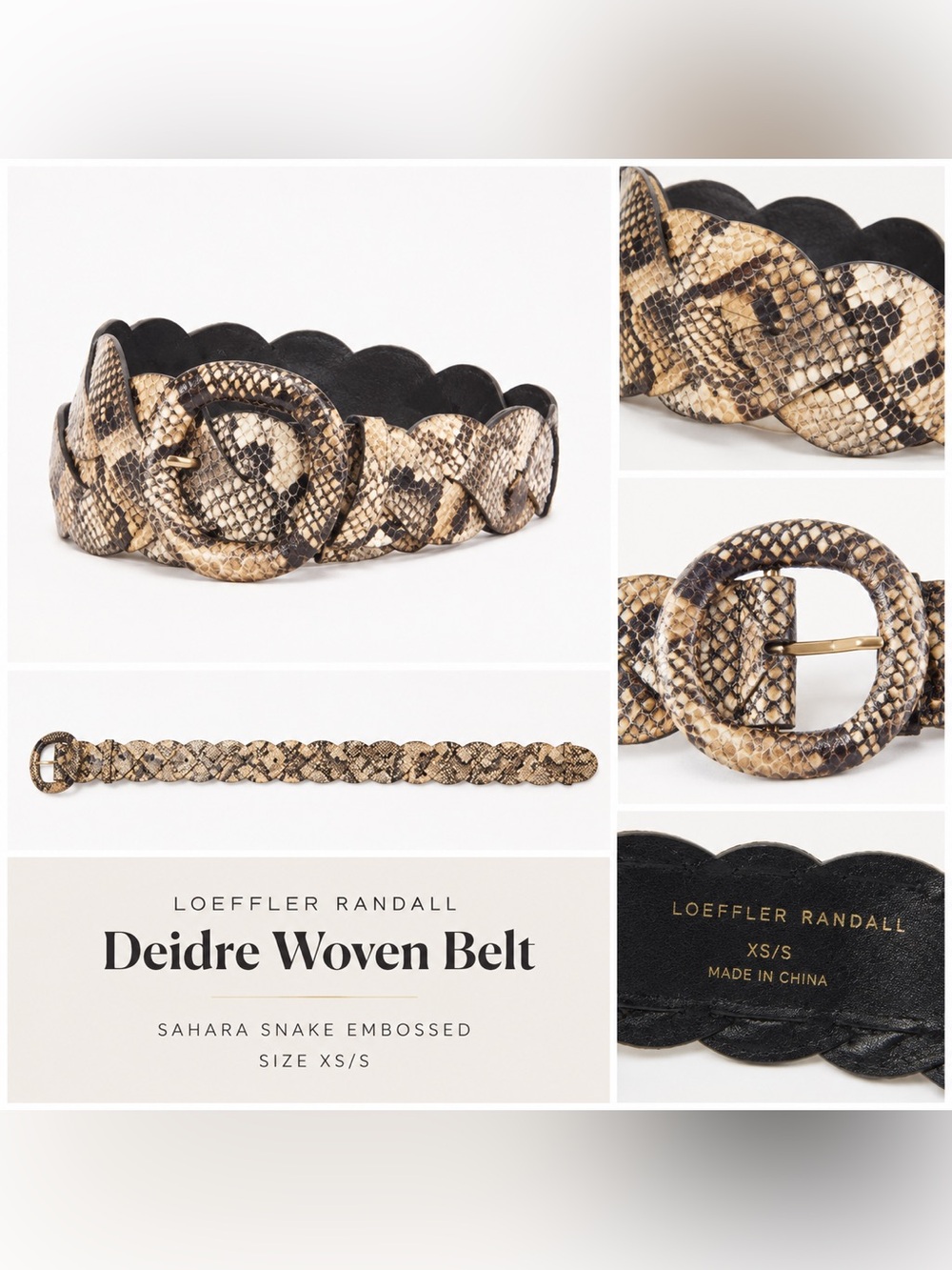 NWT Loeffler Randall Deidre Woven Belt XS/S in Sahara Snake Embossed